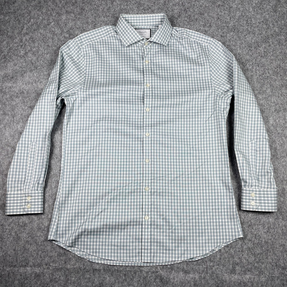 Charles Tyrwhitt Dress Shirt Mens 16.5x33 Green Gingham Extra Slim Fit Non-Iron
